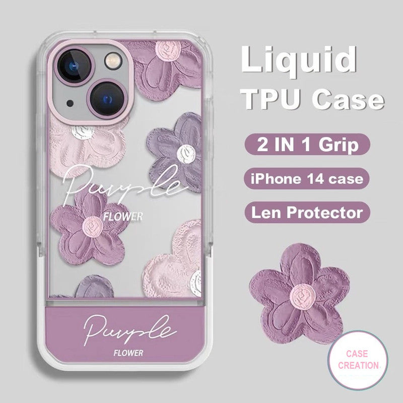 3D Cute Creative Purple Flower Cartoon Oil Painting Floral Decor Wave Curly Edge Invisible Stand Holder Case
